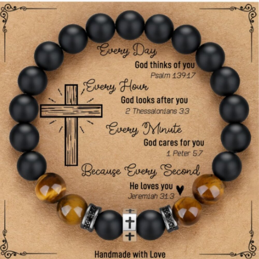 Faith Bracelet with Black Onyx & Tiger Eye Stones Handmade Gift Bible Verses NWT
